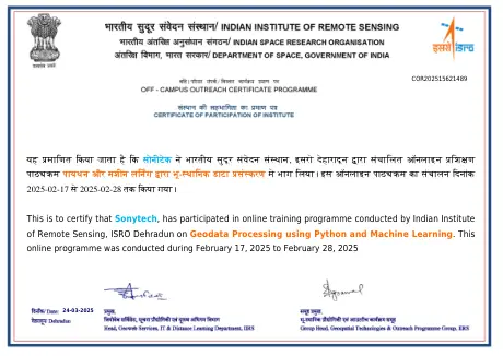 of Remote Sensing, ISRO Dehradun on Geodata Processing using Python and Machine Learning. This